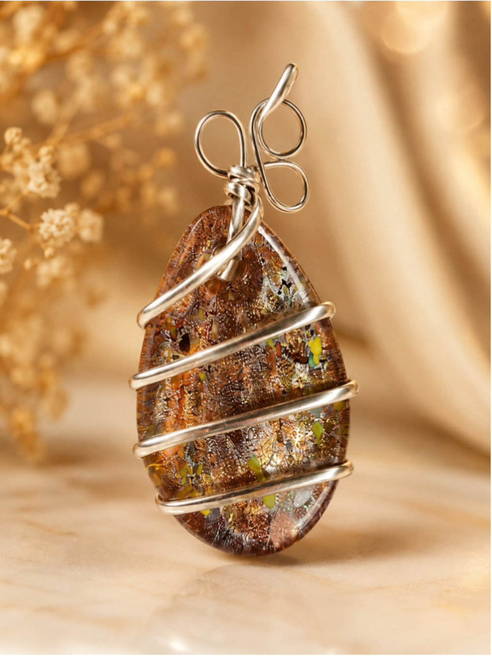 Baltic Amber Cognac Gemstone Sterling Silver Wire-Wrapped Pendant